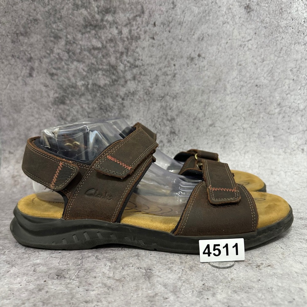 Clarks Hapsford Creek Sandals Mens 12 Brown Leather Hook Loop Straps Comfort